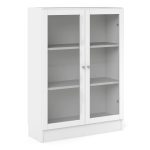 Basic Low Wide Display Cabinet in White (2 Shelves) with 2 Glass Doors in White