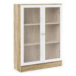 Basic Low Wide Display Cabinet in Oak (2 Shelves) with 2 Glass Doors in White