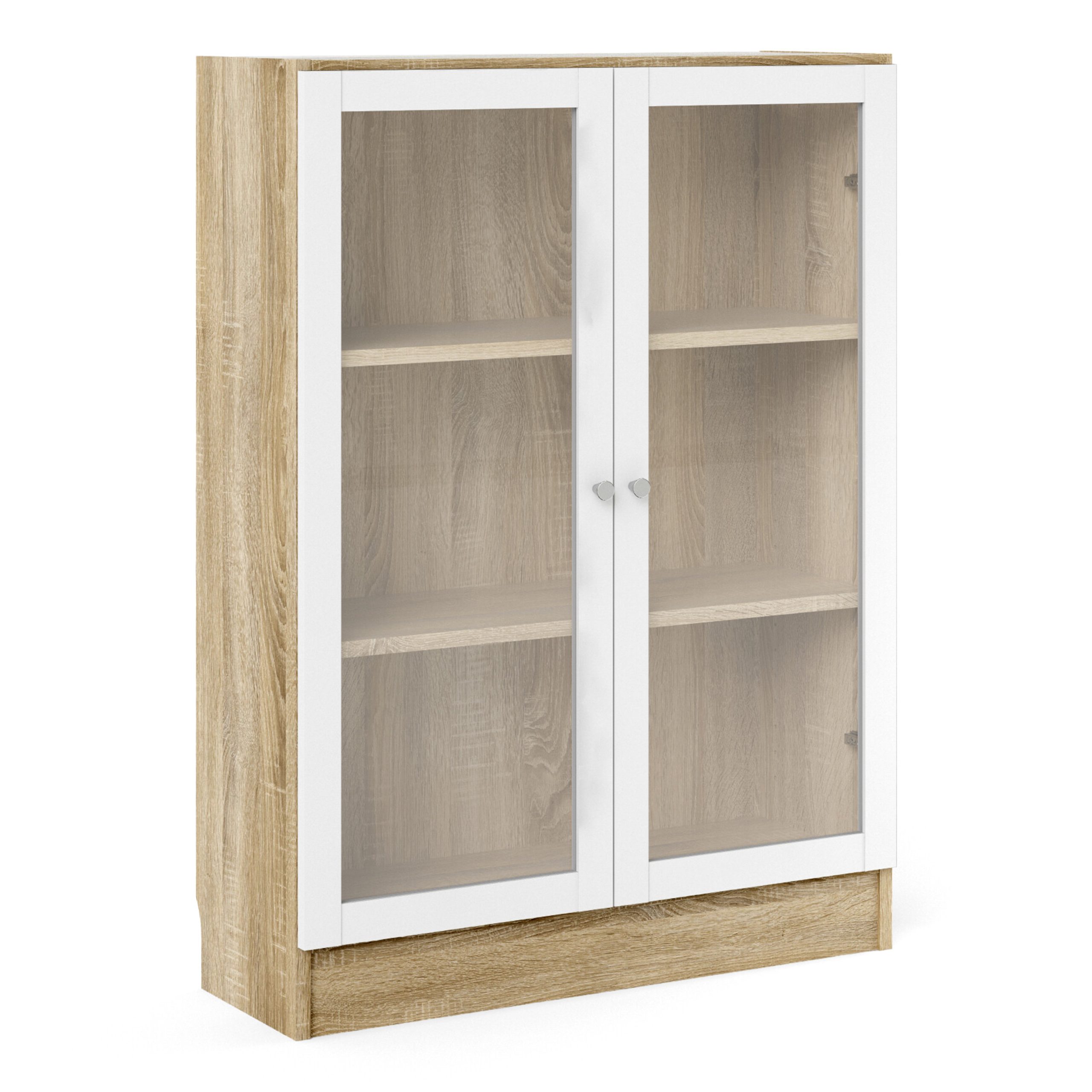 71871776akp1_1 Basic Low Wide Display Cabinet in Oak (2 Shelves) with 2 Glass Doors in White - Image 1