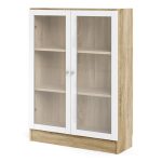 Basic Low Wide Display Cabinet in Oak (2 Shelves) with 2 Glass Doors in White - Image 2