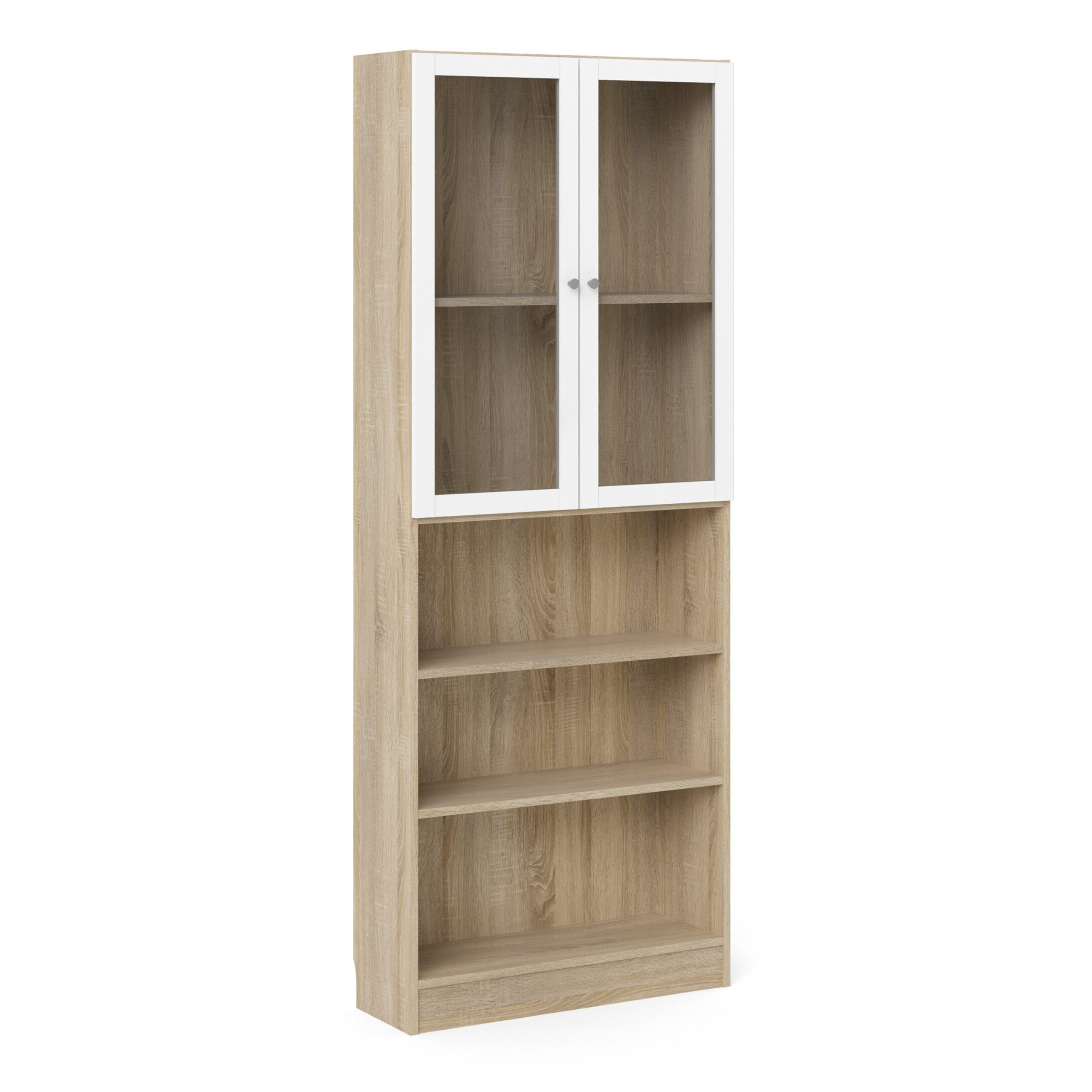 71871777akp1_1 Basic Tall Wide Display Cabinet in Oak (4 Shelves) with 2 Glass White Doors - Image 1