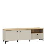 Bixbite Wide TV Unit with Fluted Drawer, Open Shelf & Cupboard in Mauvella Oak and Sand