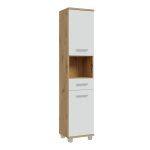 Veris Tall Narrow Bathroom Cupboard with 2 Doors & 1 Drawer in Sonoma Oak and White Gloss