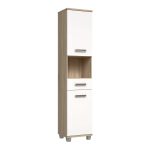 Veris Tall Narrow Bathroom Cupboard with 2 Doors & 1 Drawer in Sonoma Oak and White High Gloss