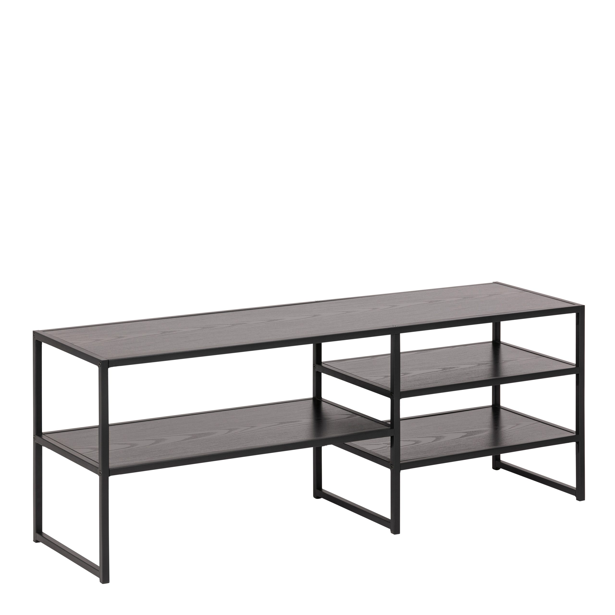 90A0000084628_1 Seaford Black Metal Open TV Unit with 3 Black Shelves - Image 1