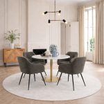Corby Round Dining Table with White Polished Marble Top & Gold Base inc 4 Brooke Dining Chairs with Armrests in Taupe