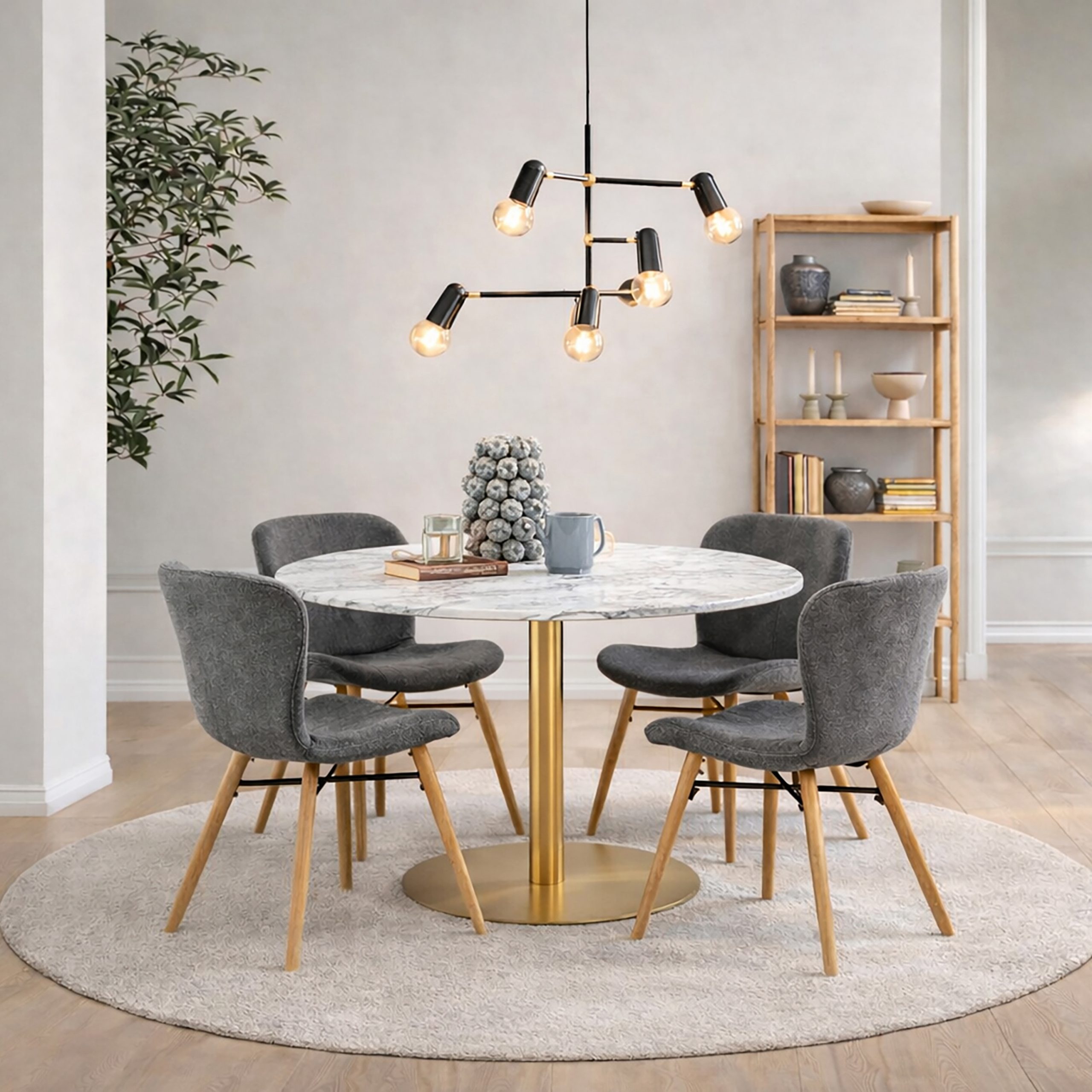 90AH000019507p8_1 Corby Round Dining Table with White Polished Marble Top & Gold Base inc 4 Batilda Dining Chairs in Grey/Oak Legs - Image 1