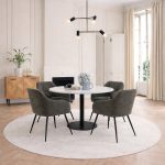 Corby Round Dining Table with White Polished Marble Top & Black Base includes 4 Brooke Dining Chairs with Arm Rest in Taupe