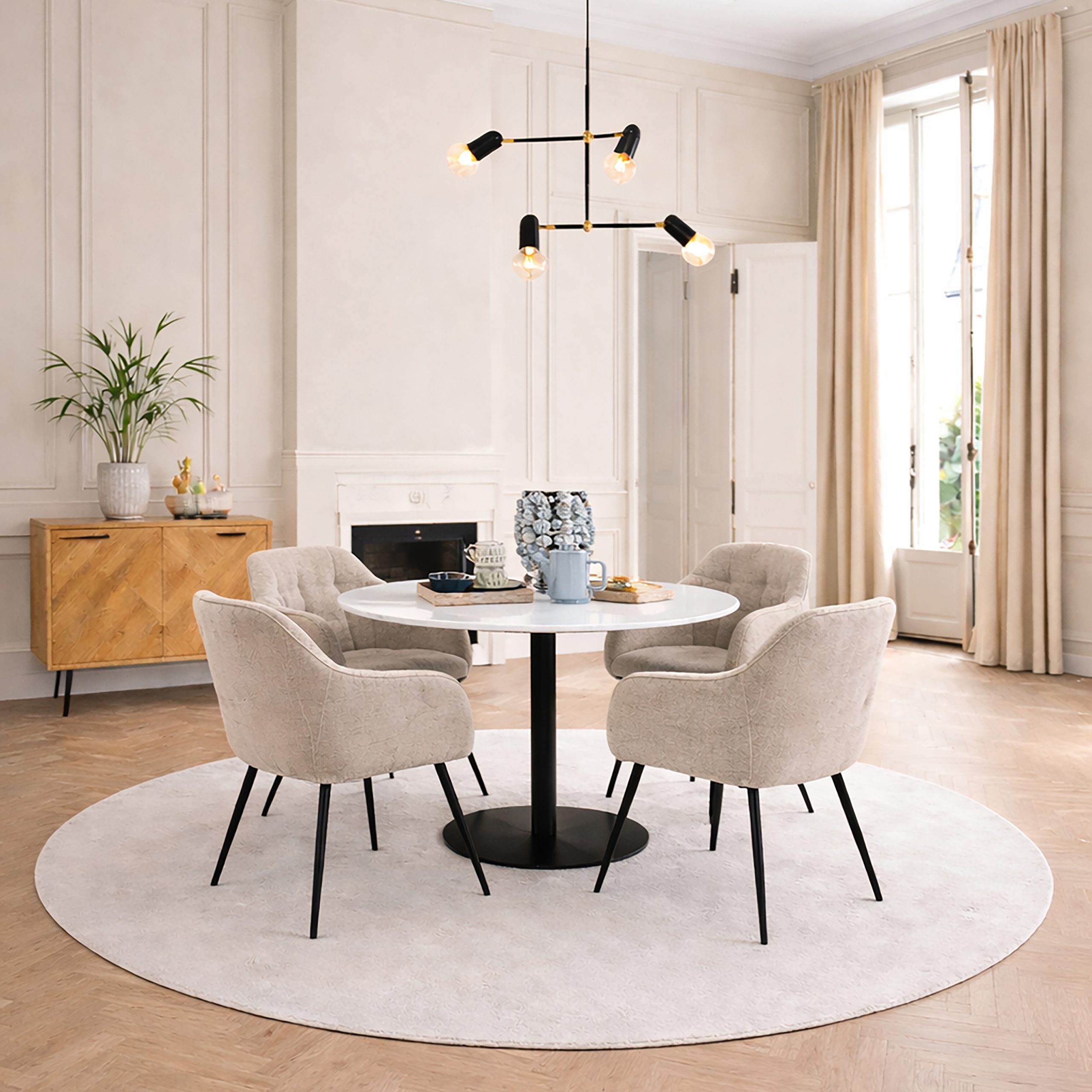 90AH000020134p4_1 Corby Round Dining Table with White Polished Marble Top & Black Base includes 4 Brooke Dining Chairs with Arm Rest in Monza Beige - Image 1