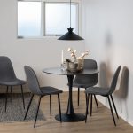 Malta Ceramic Round Dining Table in Black 90cm includes 4 Celia Dining Chairs in Light Grey