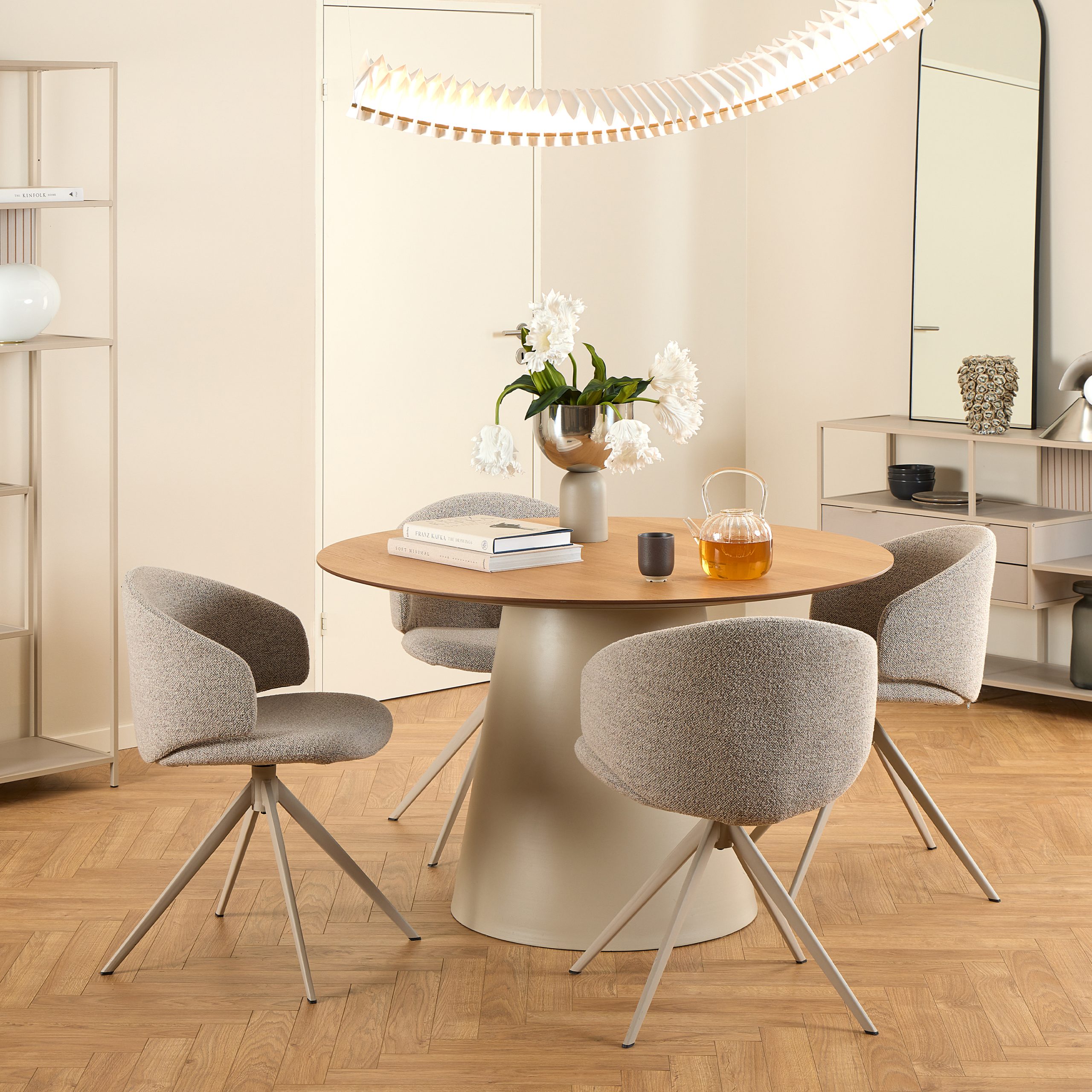 90AH000024071p1_1 Soli Round Dining Table in Oak/Grey 120cm includes 4 Ella Swivel Beige Dining Chairs - Image 1