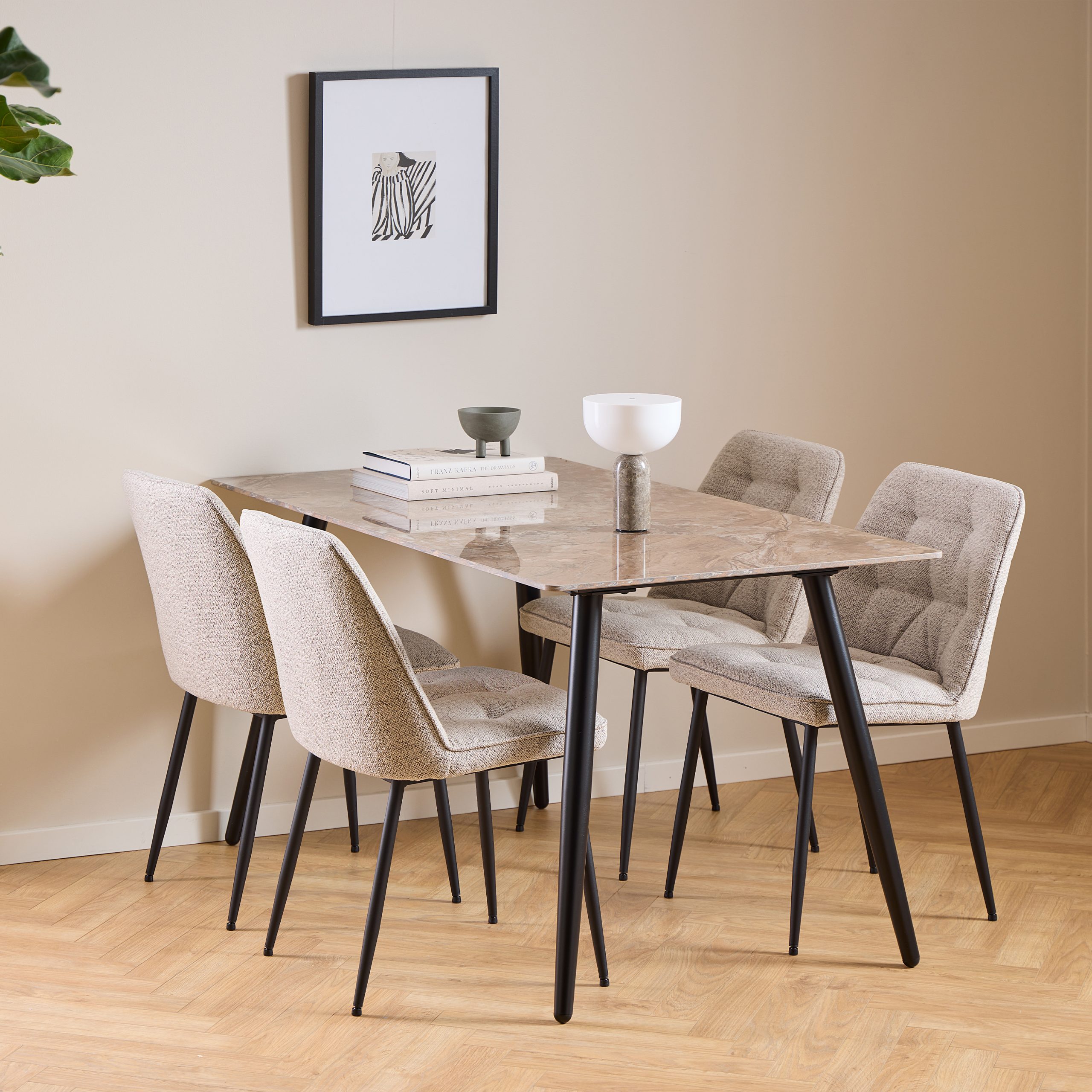 90AH000024297p1_1 Wicklow Ceramic Dining Table Brown/Black 140-80cm includes 4 Brooke Dining Chairs in Monza Beige - Image 1