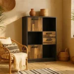 Brooklyn Low Bookcase with 2 Doors and 2 Drawers in Walnut and Dark Matera Grey