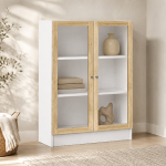 Basic Low Wide Display Cabinet in White (2 Shelves) with 2 Glass Doors in Oak
