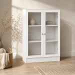 Basic Low Wide Display Cabinet in White (2 Shelves) with 2 Glass Doors in White