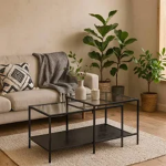 Seaford Black Metal Coffee Table Set with Glass Top