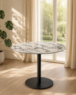 Corby Round Dining Table with White Polished Marble Top & Black Base - Image 2