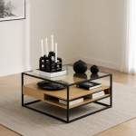 Randolf Square Coffee Table with 2 Shelves in Black and Oak