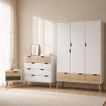 Oslo Package - Bedside 1 Drawer  Chest of 5 Drawers (2)  Wardrobe 3 Doors 3 Drawers in White and Oak