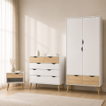 Oslo Package - Bedside 1 Drawer  Chest of 5 Drawers (2)  Wardrobe 2 Doors 2 Drawers in White and Oak