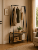 Seaford Black Metal Clothes Rack with 2 Oak Shelves