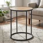 Seaford Black Metal Small Round Side Table with Oak Top