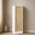 Basic Low Narrow Storage Cabinet in White (2 Shelves) with Oak Door