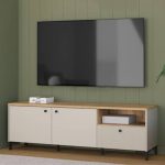 Bixbite Wide TV Unit with Fluted Drawer, Open Shelf & Cupboard in Mauvella Oak and Sand