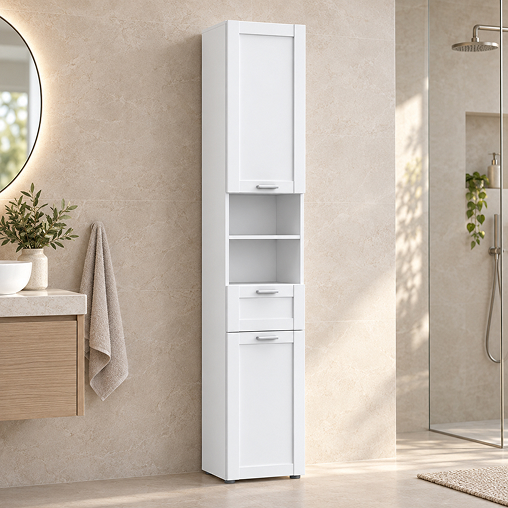 pioyuy Lokko Tall Narrow Bathroom Cabinet with 2 Doors & 1 Drawer with Silver Handles in White - Image 1