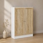Basic Low Wide Storage Cabinet in White (2 Shelves) with 2 Oak Doors