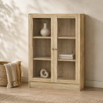 Basic Low Wide Display Cabinet in Oak (2 Shelves) with 2 Glass Doors in Oak