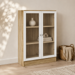 Basic Low Wide Display Cabinet in Oak (2 Shelves) with 2 Glass Doors in White