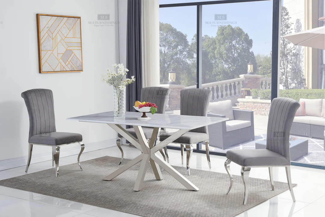 RivieraWhite160cmTableDT-4000_LiyanaGreyChairCH-891GR_1080x Riviera Marble Dining Table - Image 1