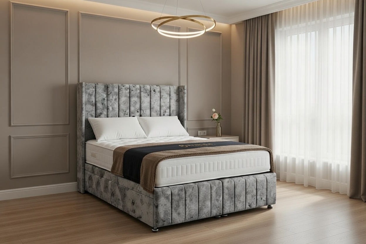 grok-image-420d3a9a-239d-48d2-a0eb-3f66c532f418 Zoe Divan Ottoman Bed – 24-Inch Headboard – Upholstered Ottoman Storage, Handmade in UK - Image 1