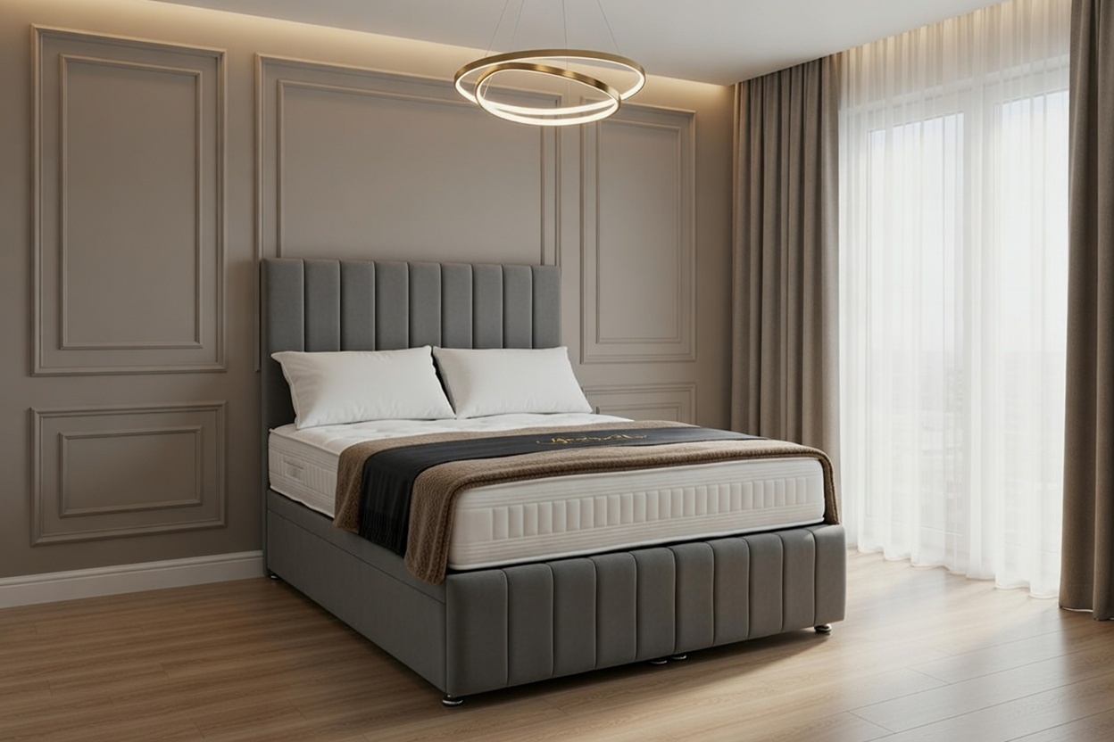 grok-image-42f86215-38e2-41b6-83bf-3dd6a1e4f4ee Sierra Divan Ottoman Bed – 24-Inch Headboard – Upholstered Ottoman Storage, Handmade in UK - Image 1