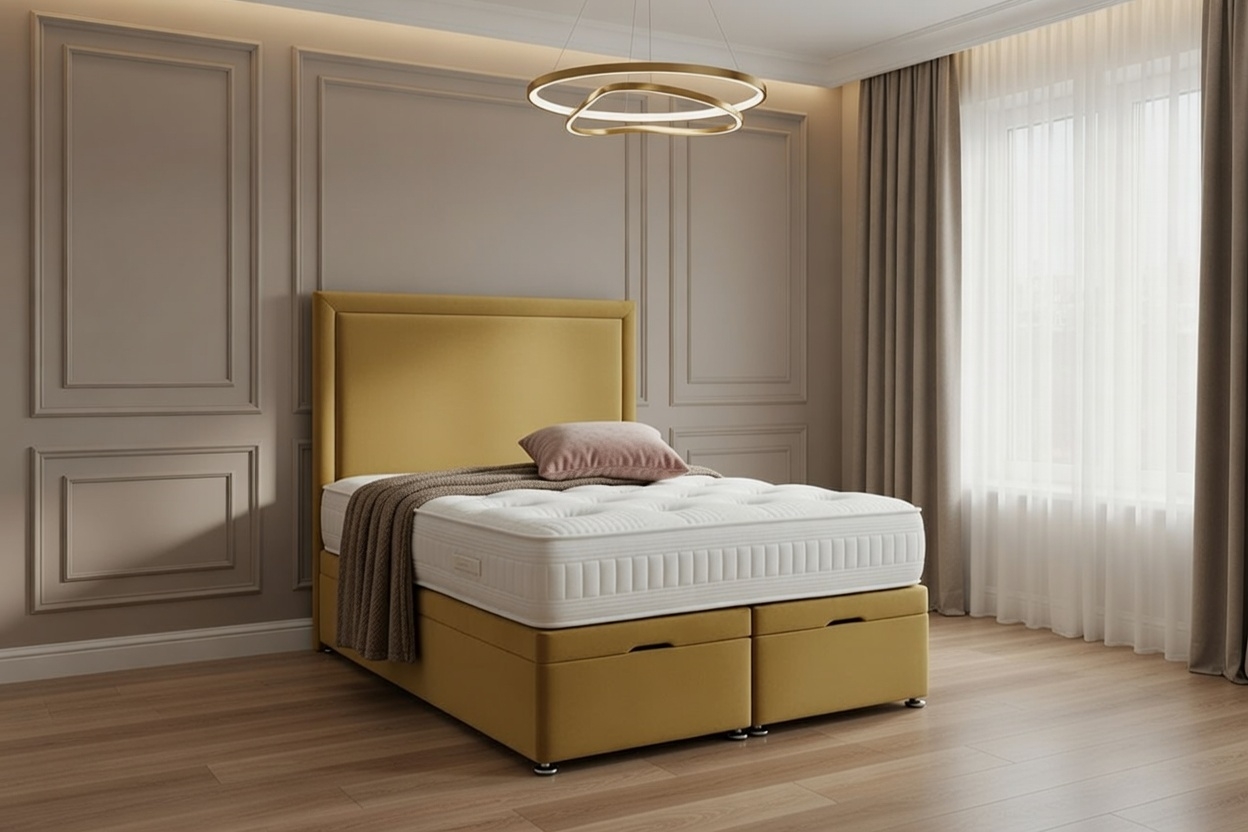 grok-image-6bcced62-0e67-4934-bbe6-3c1a4593fc1c Ella Divan Ottoman Bed – 24-Inch Headboard – Upholstered Ottoman Storage, Handmade in UK - Image 1