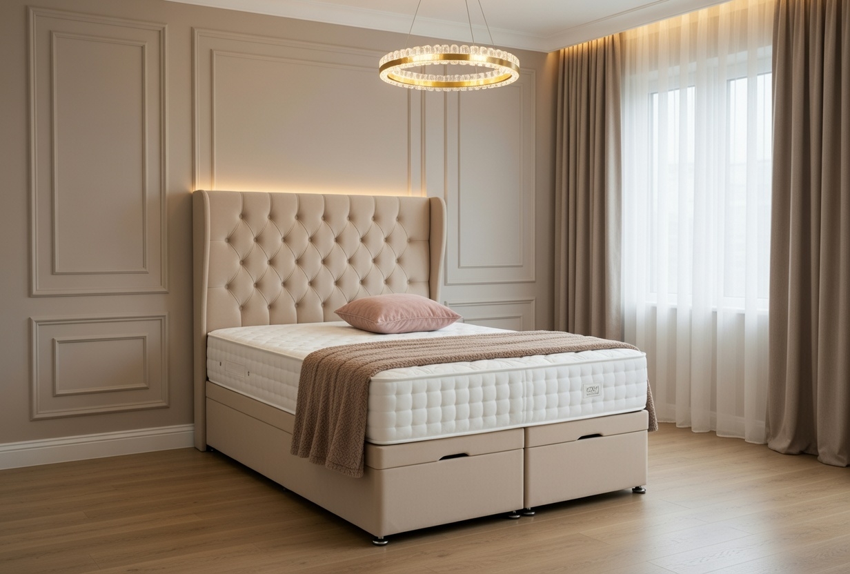 grok-image-7e8aa270-5811-4cf1-85fc-811b46ef0aff Amelia Divan Ottoman Bed – 24-Inch Headboard – Upholstered Ottoman Storage, Handmade in UK - Image 1
