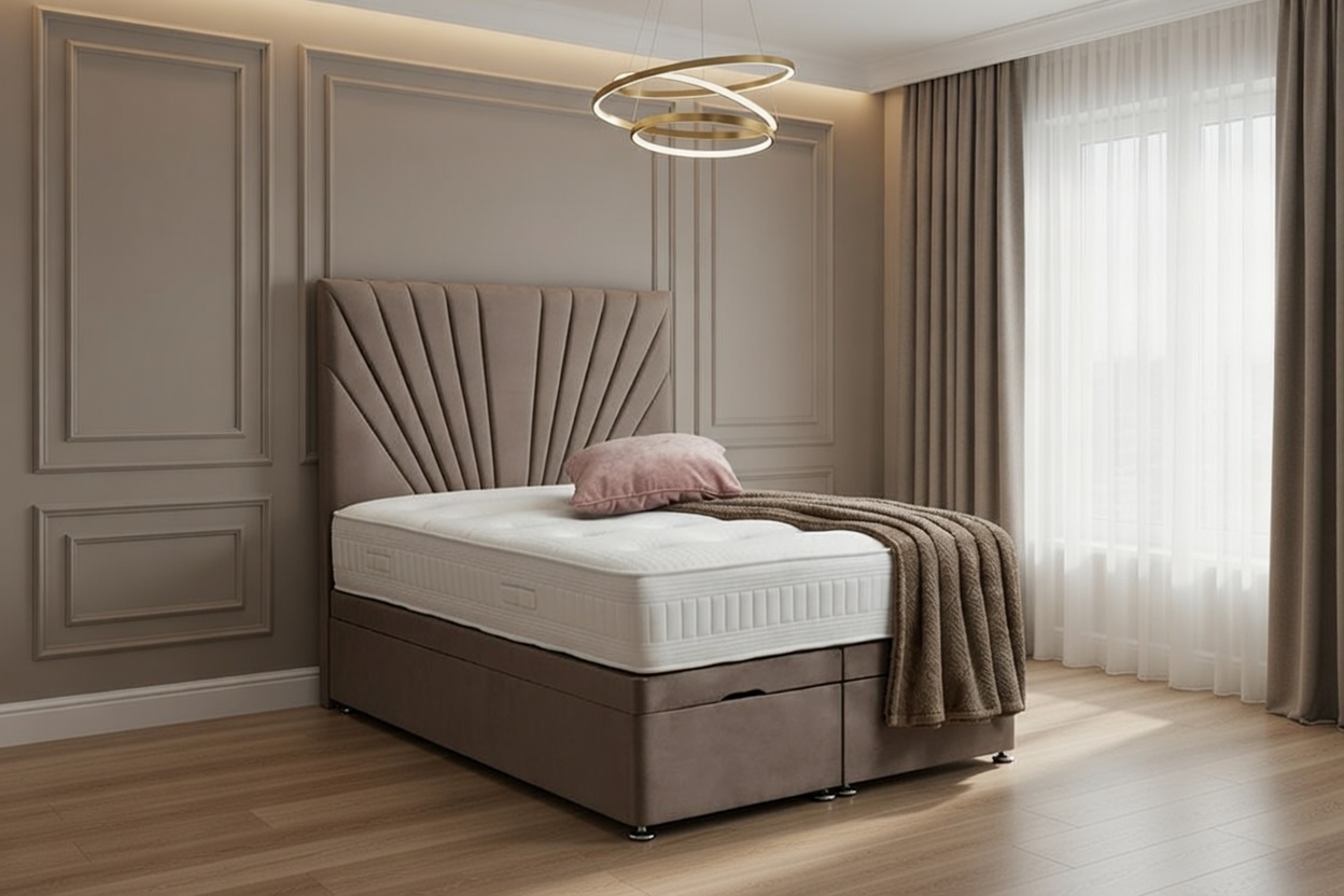 grok-image-c9cdf5cf-2d44-43a4-a954-4e88f05b7013 Maria Divan Ottoman Bed – 24-Inch Headboard – Upholstered Ottoman Storage, Handmade in UK - Image 1
