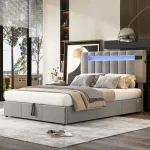 Double Bed with Storage & LED Lights – Beige Velvet - Image 26