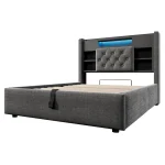 Linen Double Bed Frame with LED Lights & Storage – Grey - Image 7