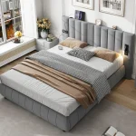 Upholstered King Size Bed with Built-In Stereo & Charging Ports, Velvet Iron Frame – Grey, 218 x 182 x 103 cm - Image 3