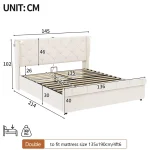 4ft6 Double Upholstered Bed with USB & Type-C Charging, Adjustable LED Reading Lights – Beige, 214 x 145 x 102 cm - Image 2