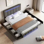 Double Upholstered Bed with LED Lighting, Storage Drawers & Adjustable Headboard – Grey, 198.5 x 143 x 107.5 cm - Image 2
