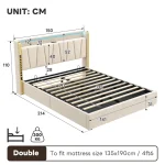 Double Upholstered Bed Frame with Hydraulic Storage, LED Headboard & USB Type-C Charging Ports – Beige, 214 x 150 x 110 cm - Image 10
