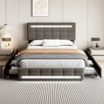 Double Upholstered Bed with LED Lighting, Storage Drawers & Adjustable Headboard – Grey, 198.5 x 143 x 107.5 cm