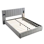 Upholstered King Size Bed with Built-In Stereo & Charging Ports, Velvet Iron Frame – Grey, 218 x 182 x 103 cm - Image 5