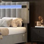 Double Bed with Storage & LED Lights – Beige Velvet - Image 27
