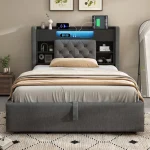 Linen Double Bed Frame with LED Lights & Storage – Grey - Image 17