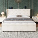 4ft6 Double Upholstered Bed with USB & Type-C Charging, Adjustable LED Reading Lights – Beige, 214 x 145 x 102 cm
