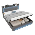 Double Upholstered Bed Frame with Hydraulic Storage, LED Lights & USB Type-C Charging Station – Grey, 210 x 141 x 110 cm - Image 10